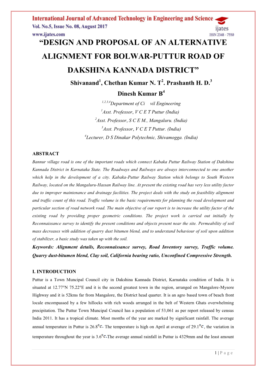 DESIGN and PROPOSAL of an ALTERNATIVE ALIGNMENT for BOLWAR-PUTTUR ROAD of DAKSHINA KANNADA DISTRICT” Shivanand1, Chethan Kumar N