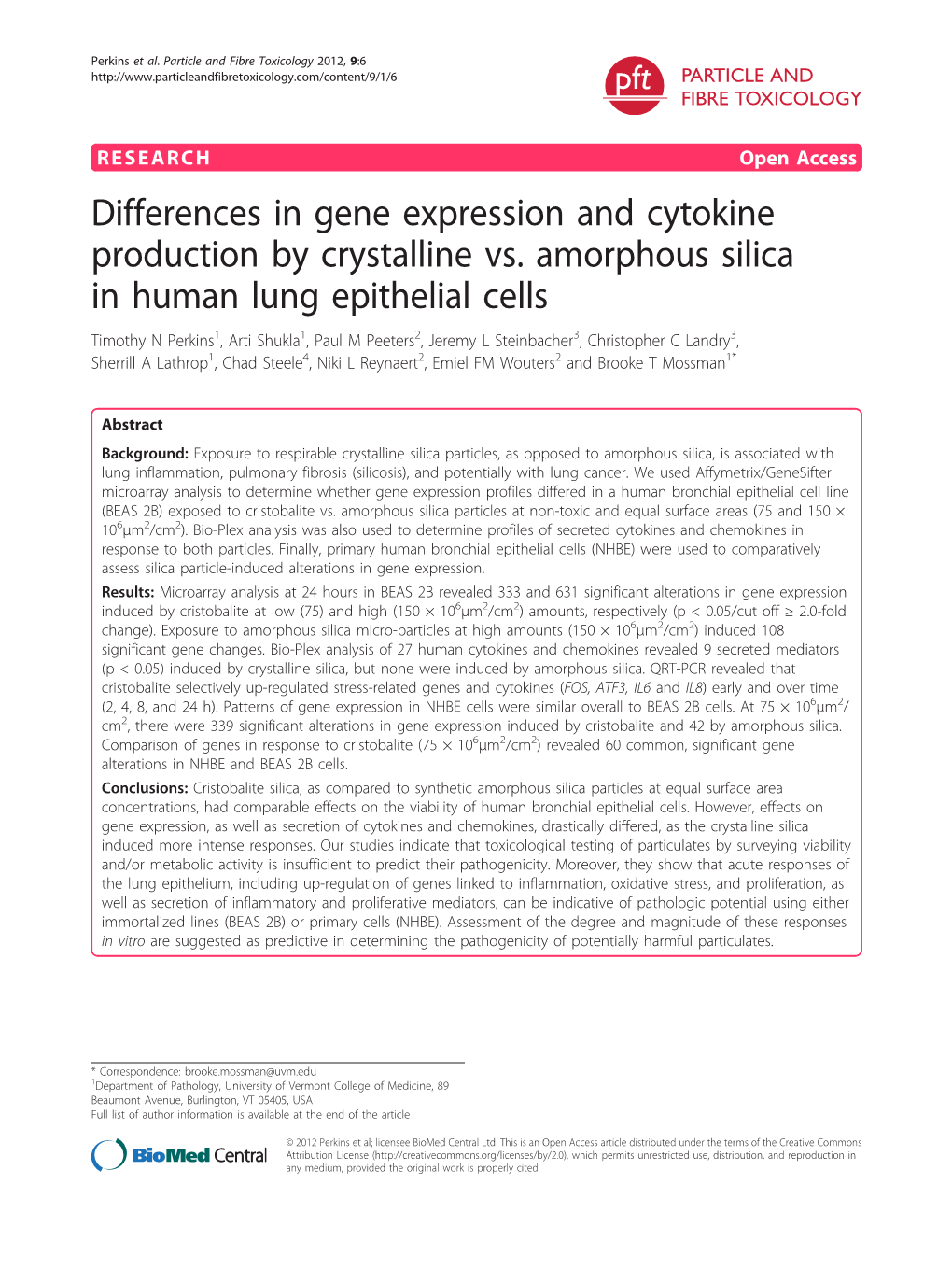 Differences in Gene Expression and Cytokine Production by Crystalline Vs. Amorphous Silica in Human Lung Epithelial Cells