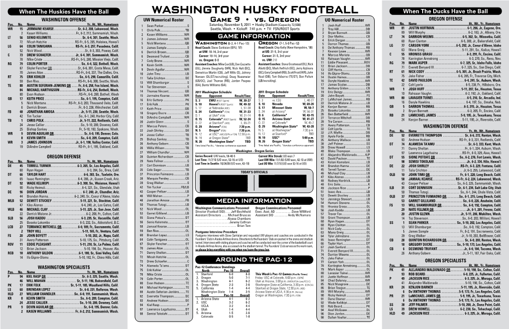 WASHINGTON HUSKY FOOTBALL When the Ducks Have the Ball WASHINGTON OFFENSE UW Numerical Roster Game 9 • Vs