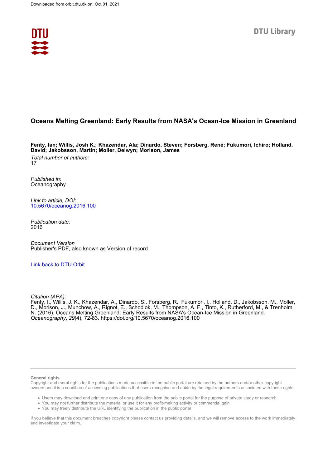 Oceans Melting Greenland: Early Results from NASA's Ocean-Ice Mission in Greenland