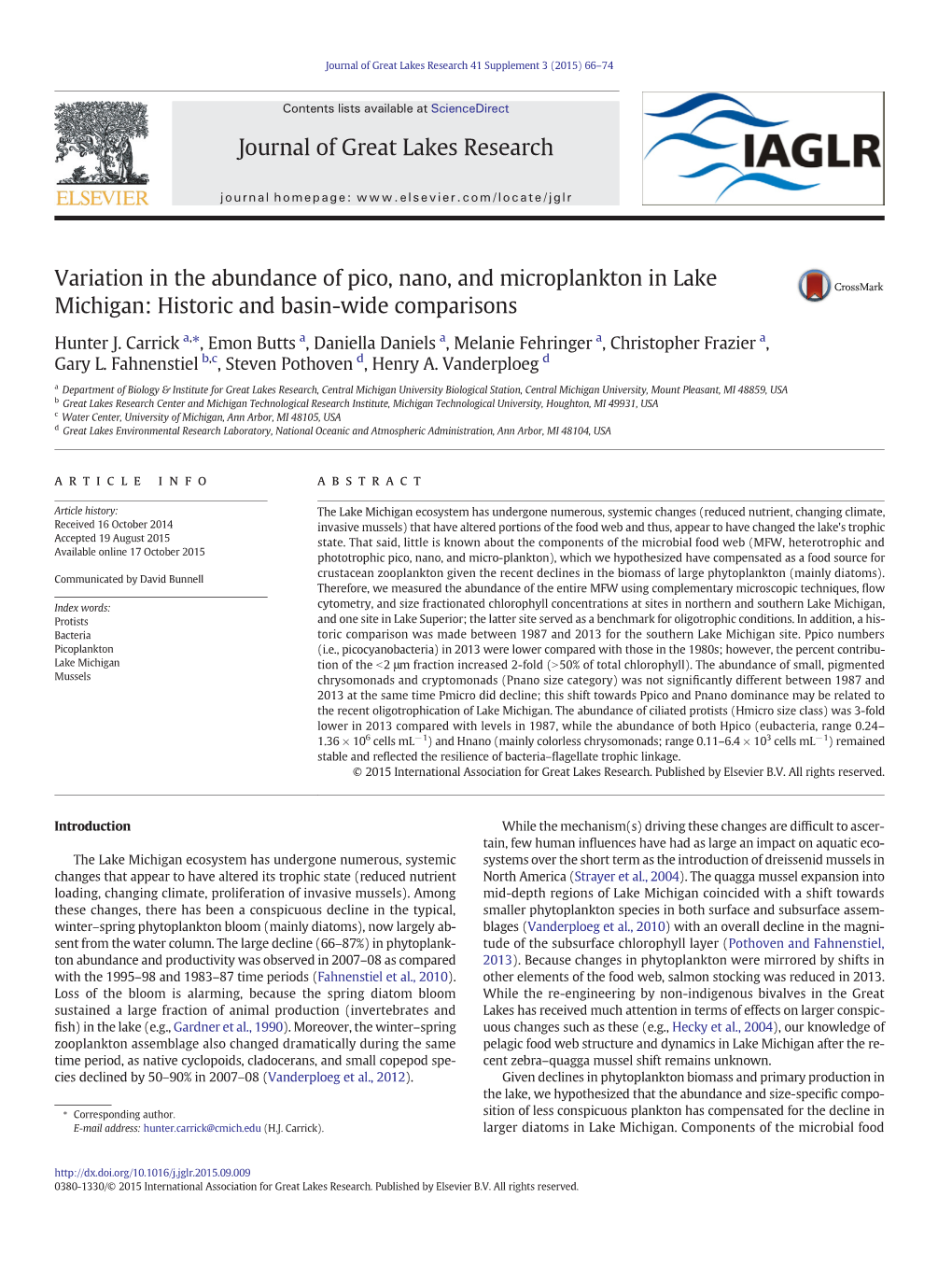 Variation in the Abundance of Pico, Nano, and Microplankton in Lake Michigan: Historic and Basin-Wide Comparisons