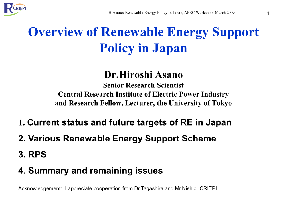 Overview of Renewable Energy Support Policy in Japan