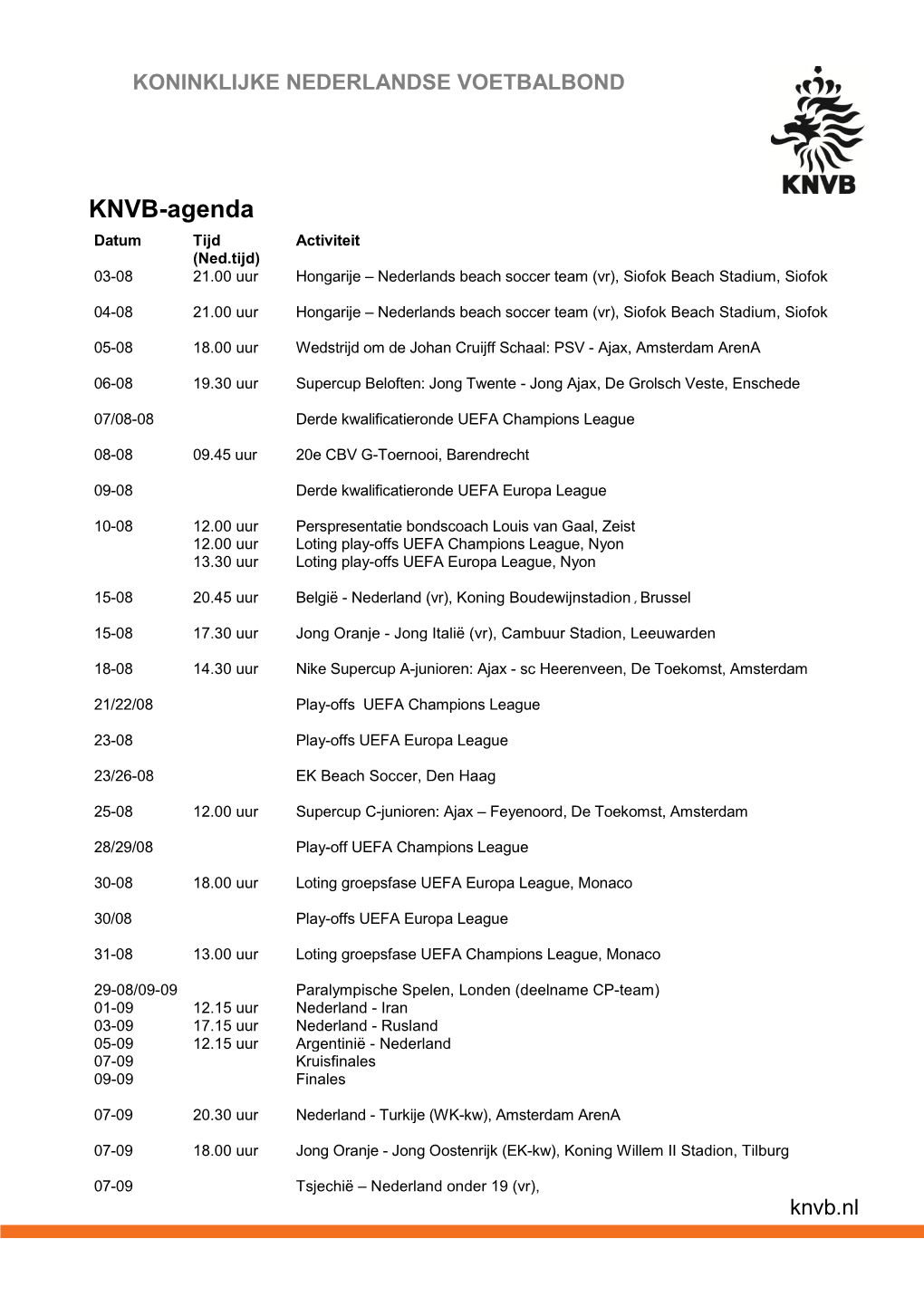 KNVB-Agenda Datum Tijd Activiteit (Ned.Tijd) 03-08 21.00 Uur Hongarije – Nederlands Beach Soccer Team (Vr), Siofok Beach Stadium, Siofok