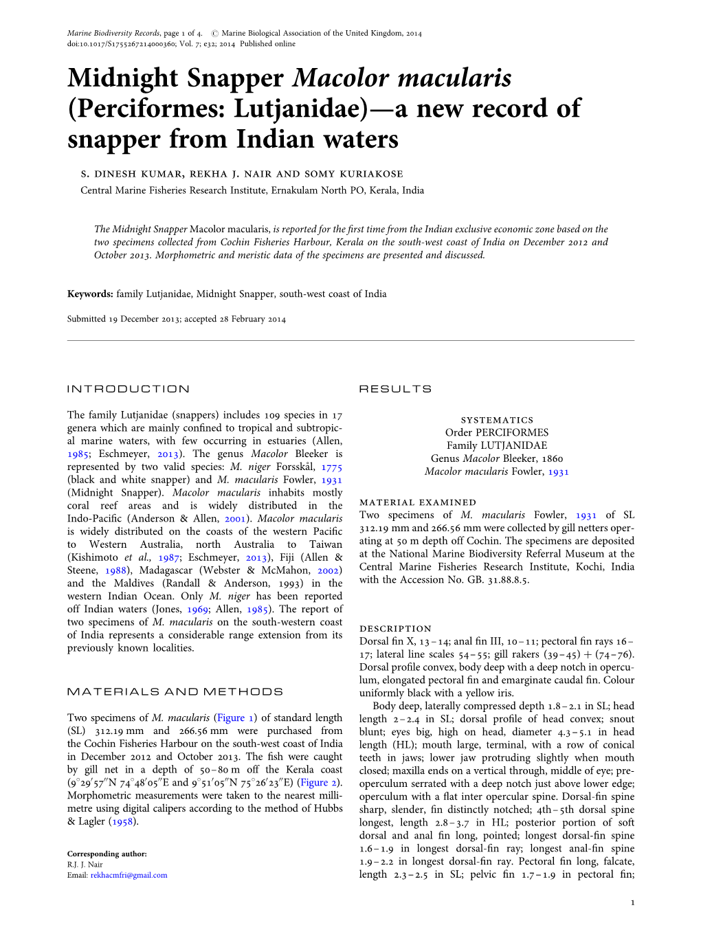 Midnight Snapper Macolor Macularis (Perciformes: Lutjanidae)—A New Record of Snapper from Indian Waters S