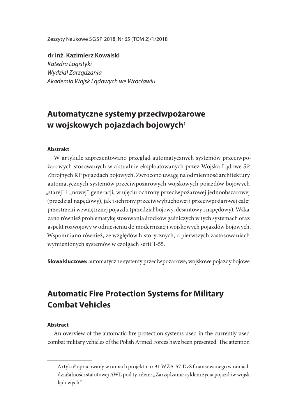 Automatyczne Systemy Przeciwpożarowe W Wojskowych Pojazdach Bojowych1