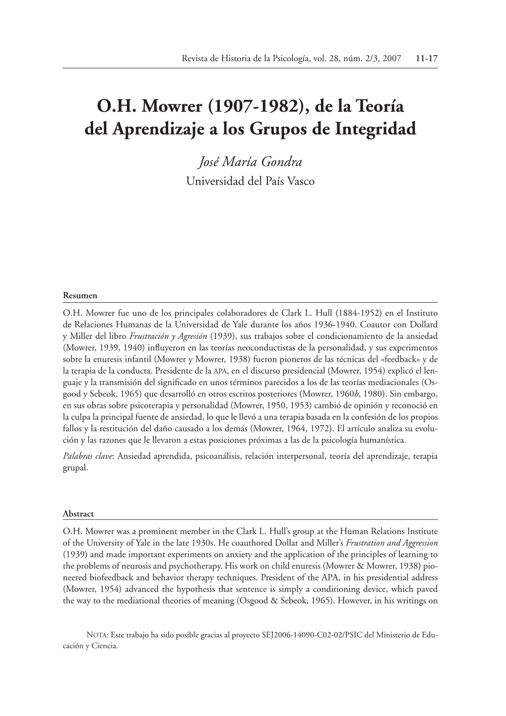 O.H. Mowrer (1907-1982), De La Teoría Del Aprendizaje a Los Grupos De Integridad