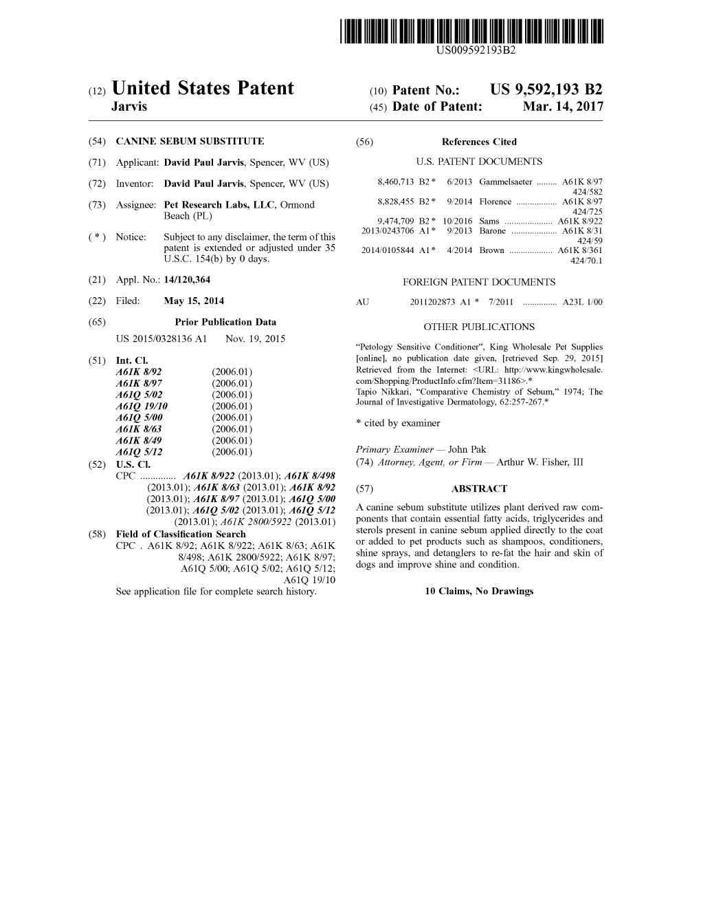 (12) United States Patent (10) Patent No.: US 9,592,193 B2 Jarvis (45) Date of Patent: Mar