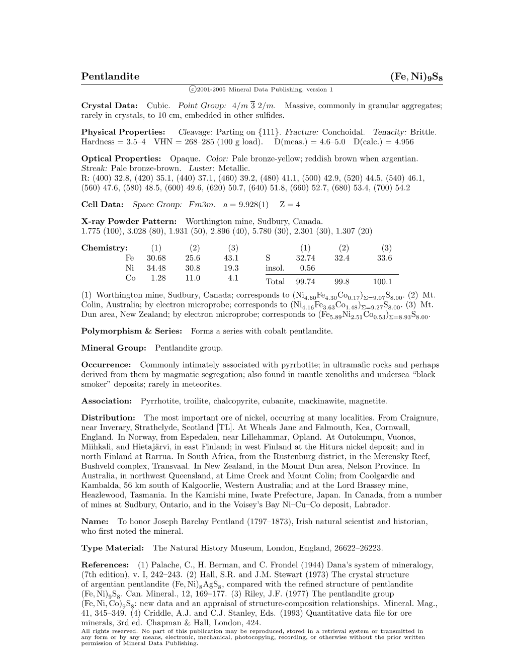 Pentlandite (Fe, Ni)9S8 C 2001-2005 Mineral Data Publishing, Version 1