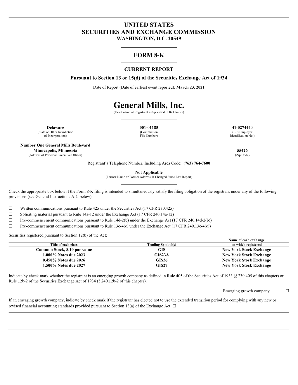 General Mills, Inc. (Exact Name of Registrant As Specified in Its Charter)