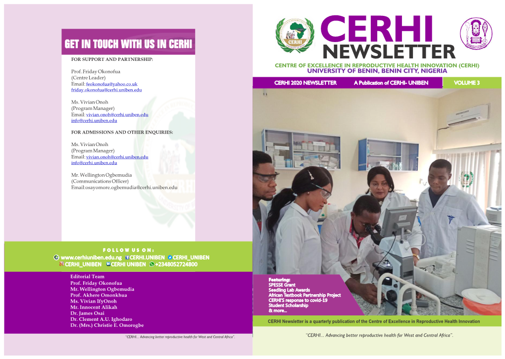 NEWSLETTER CENTRE of EXCELLENCE in REPRODUCTIVE HEALTH INNOVATION (CERHI) Prof