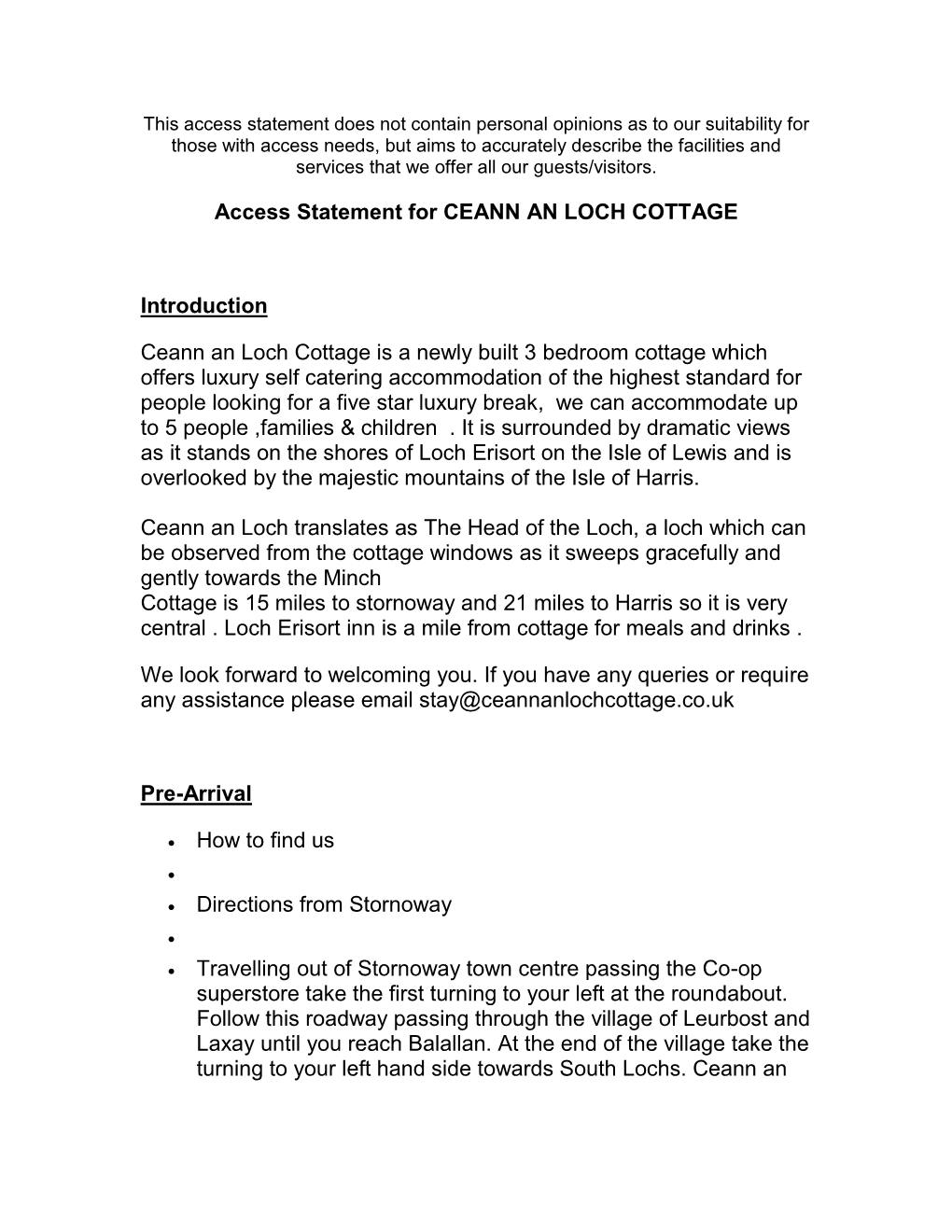 Access Statement for CEANN an LOCH COTTAGE