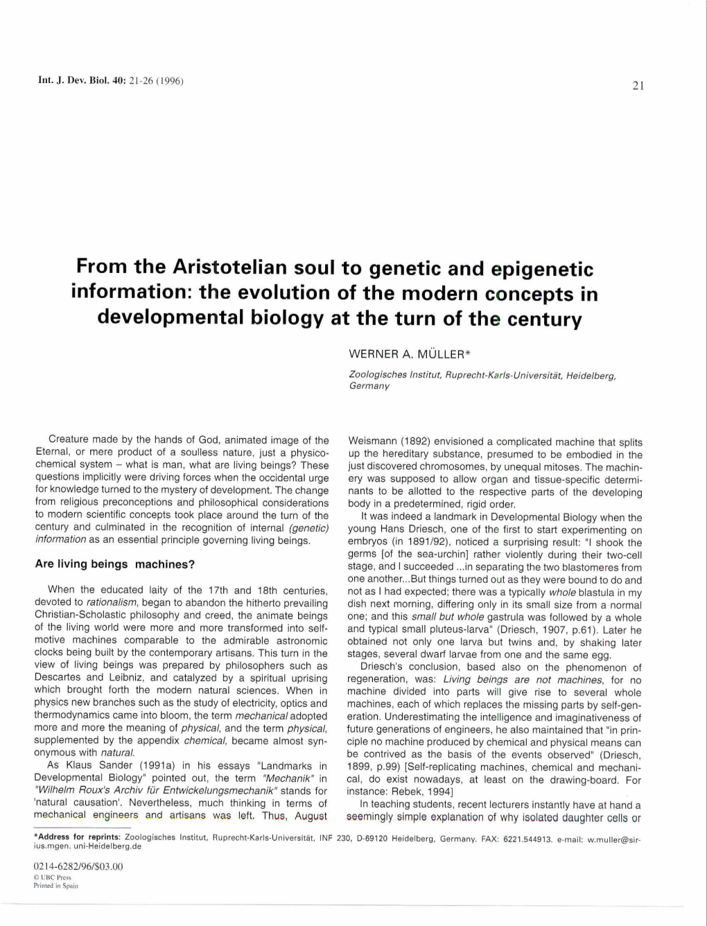 From the Aristotelian Soul to Genetic and Epigenetic Information: the Evolution of the Modern Concepts in Developmental Biology at the Turn of the Century