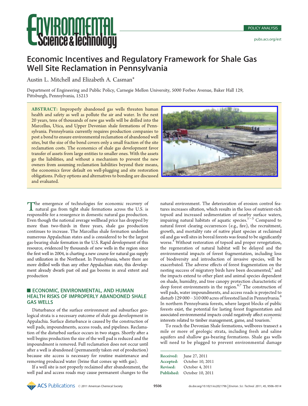 Economic Incentives and Regulatory Framework for Shale Gas Well Site Reclamation in Pennsylvania Austin L