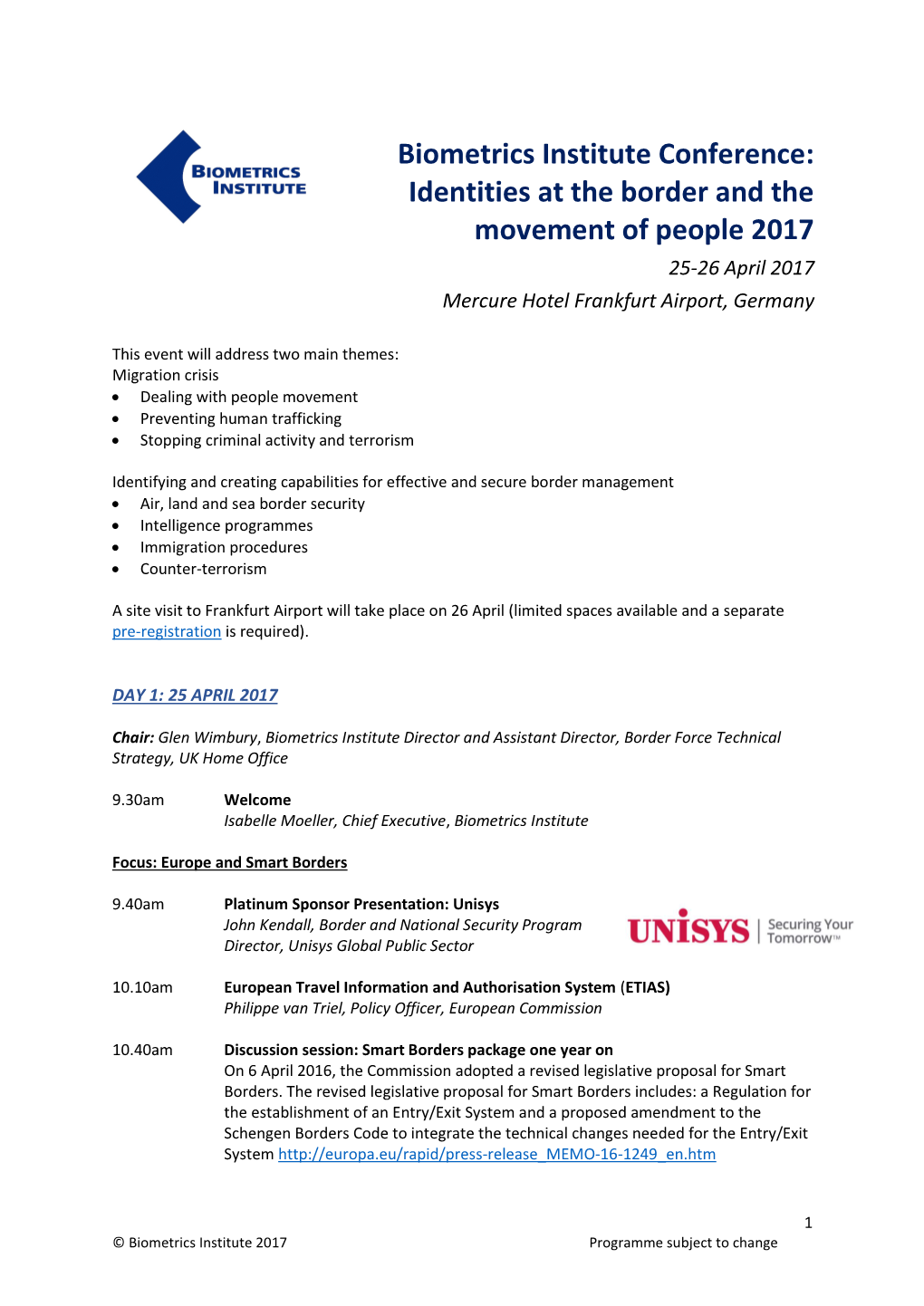 Biometrics Institute Conference: Identities at the Border and the Movement of People 2017