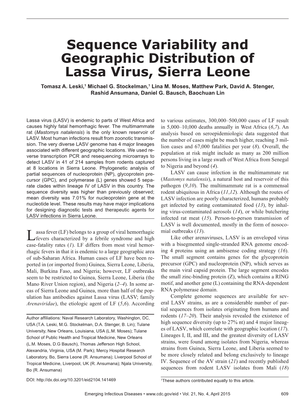 Sequence Variability and Geographic Distribution of Lassa Virus, Sierra Leone Tomasz A
