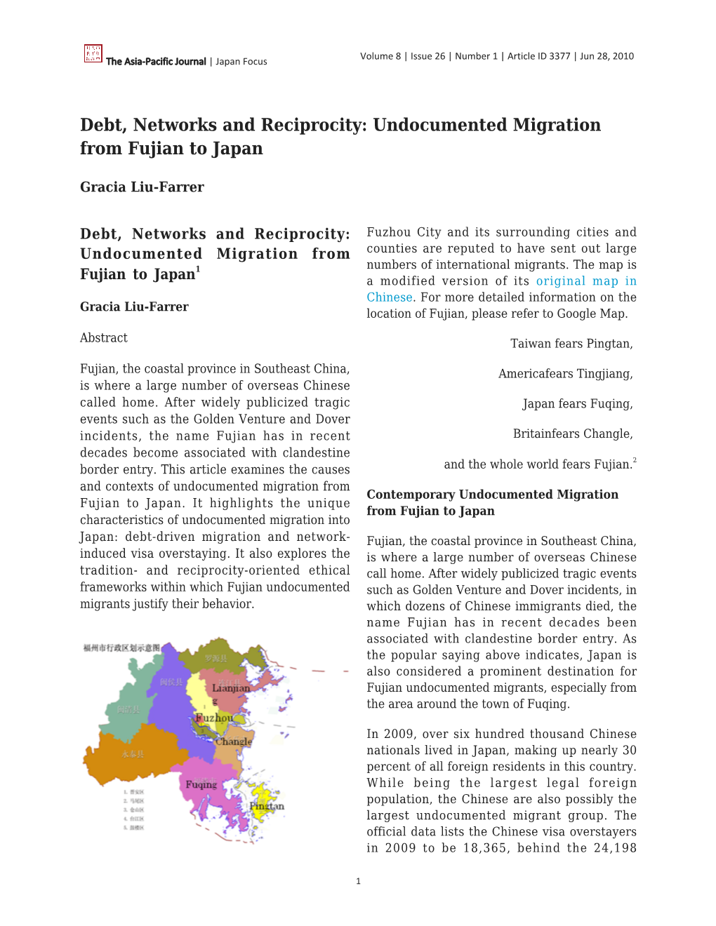 Debt, Networks and Reciprocity: Undocumented Migration from Fujian to Japan