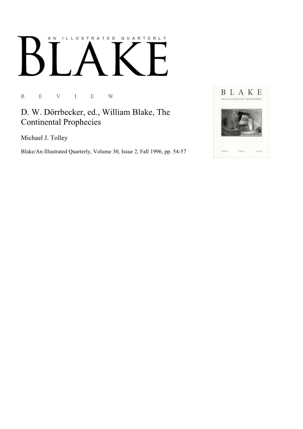 D. W. Dörrbecker, Ed., William Blake, the Continental Prophecies