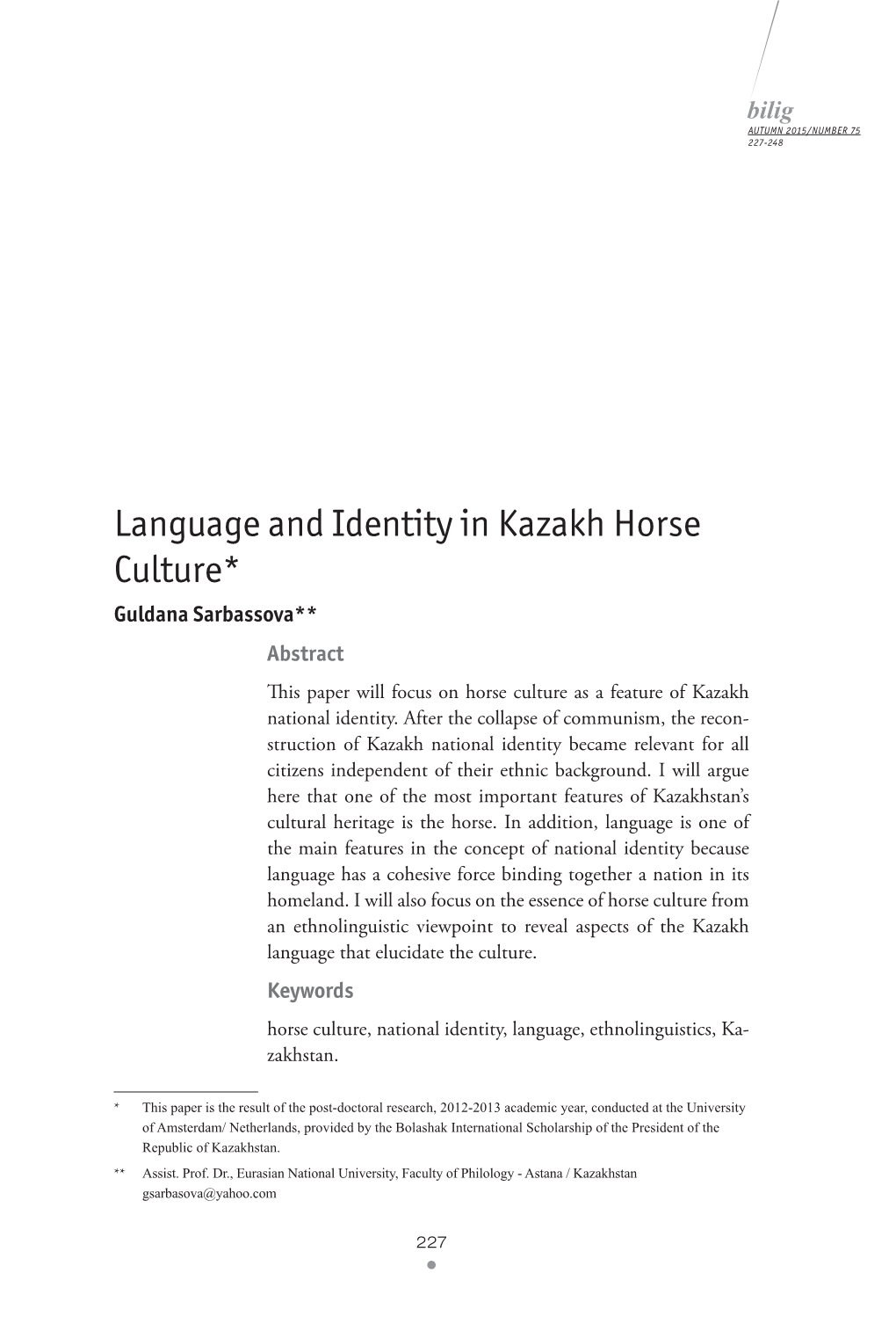 Language and Identity in Kazakh Horse Culture**