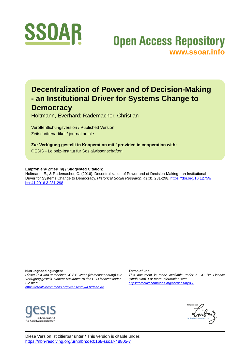 Decentralization of Power and of Decision-Making - an Institutional Driver for Systems Change to Democracy Holtmann, Everhard; Rademacher, Christian