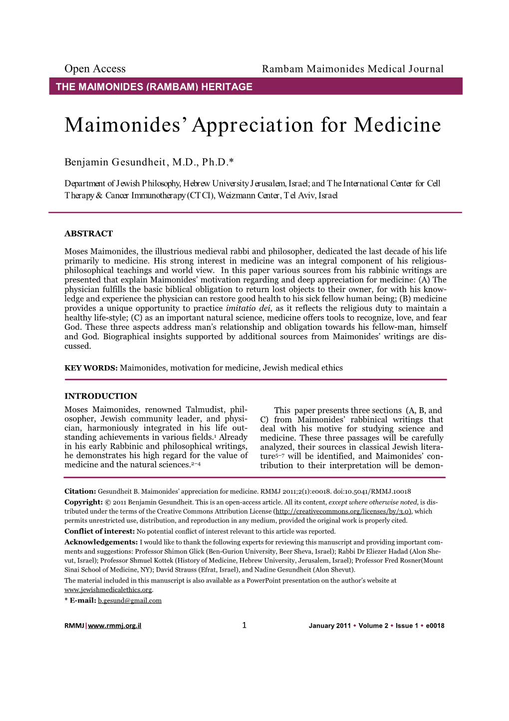 Maimonides' Appreciation for Medicine
