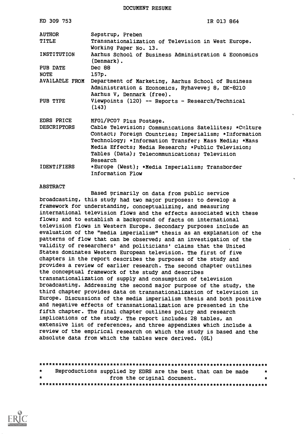 Transnationalization of Television in West Europe. Working Paper No. 13