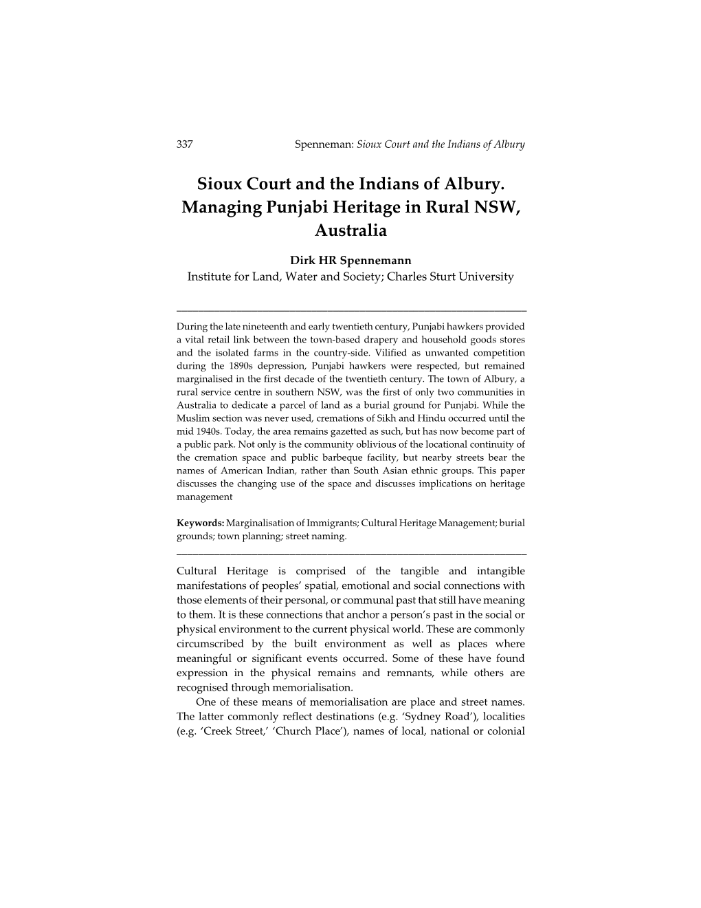 Sioux Court and the Indians of Albury. Managing Punjabi Heritage in Rural NSW, Australia