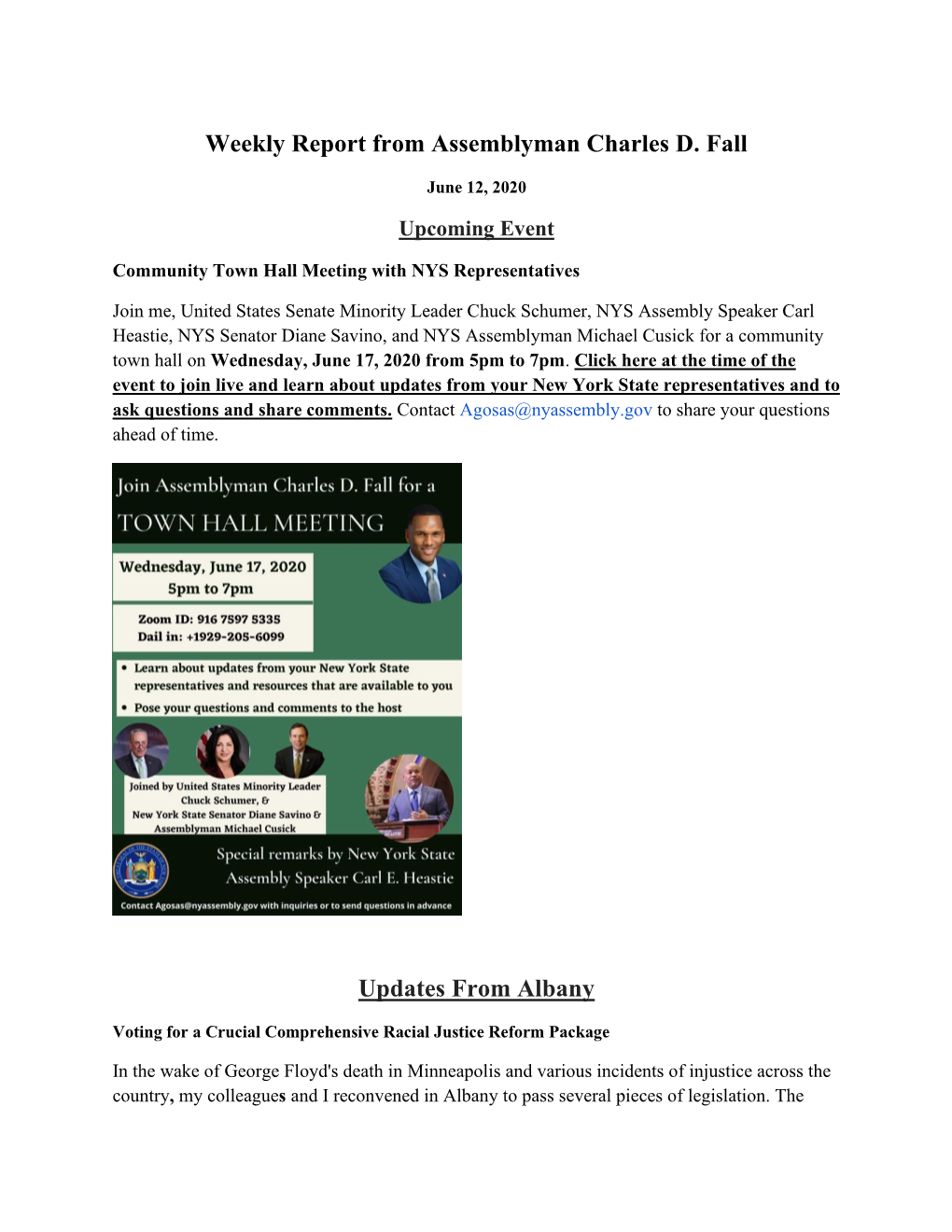 Weekly Report from Assemblyman Charles D. Fall Updates from Albany