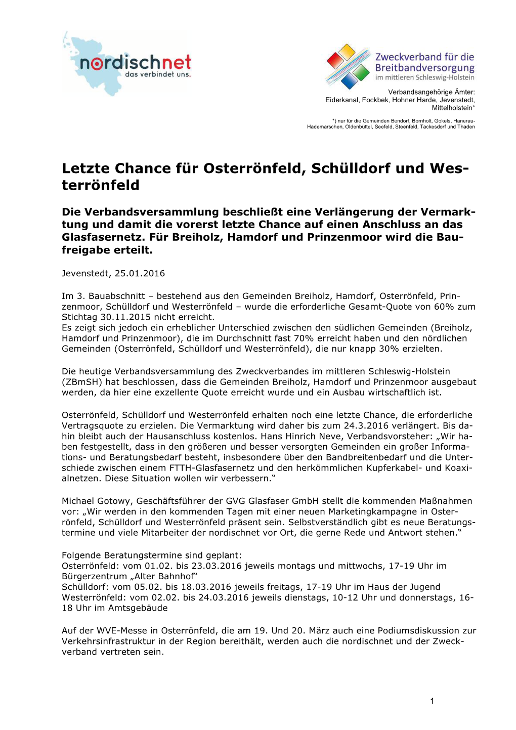 Letzte Chance Für Osterrönfeld, Schülldorf Und Wes- Terrönfeld