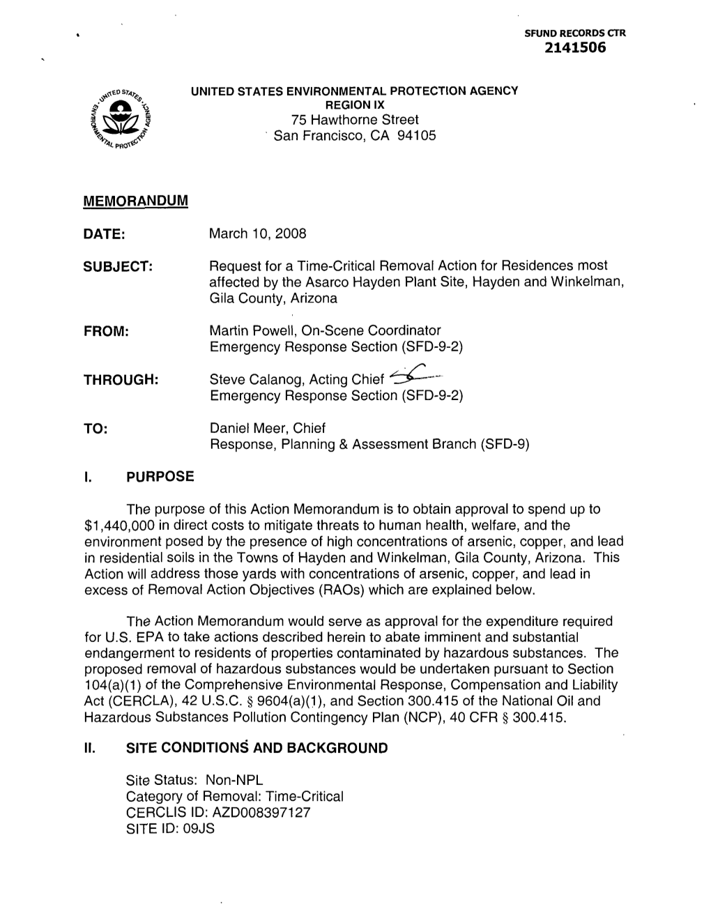 Request for Time-Critical Removal Action for Residences Most Affected by Asarco Hayden Plant Site, Hayden &