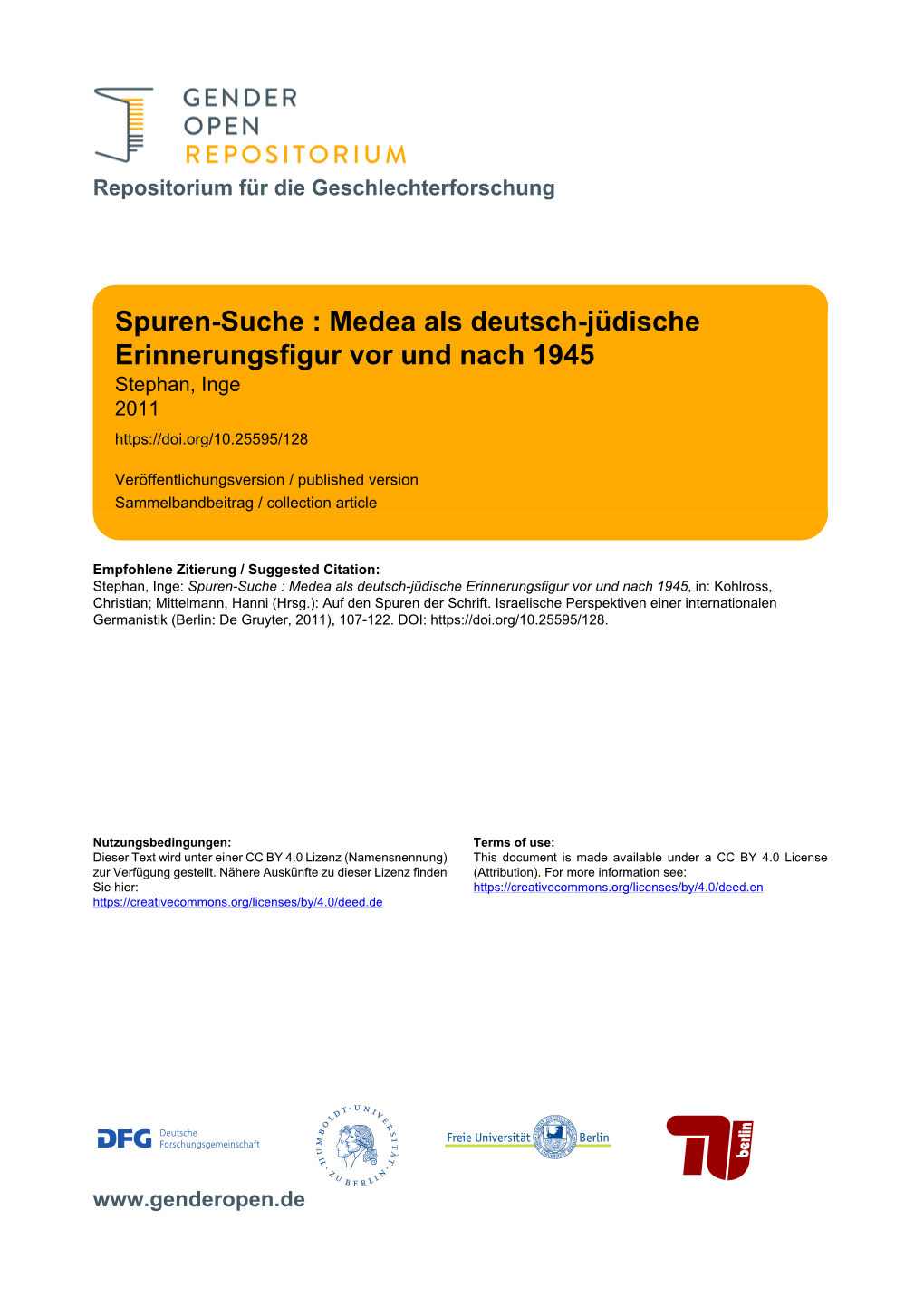 Spuren-Suche. Medea Als Deutsch-Jüdische Erinnerungsfigur Vor Und Nach 1945