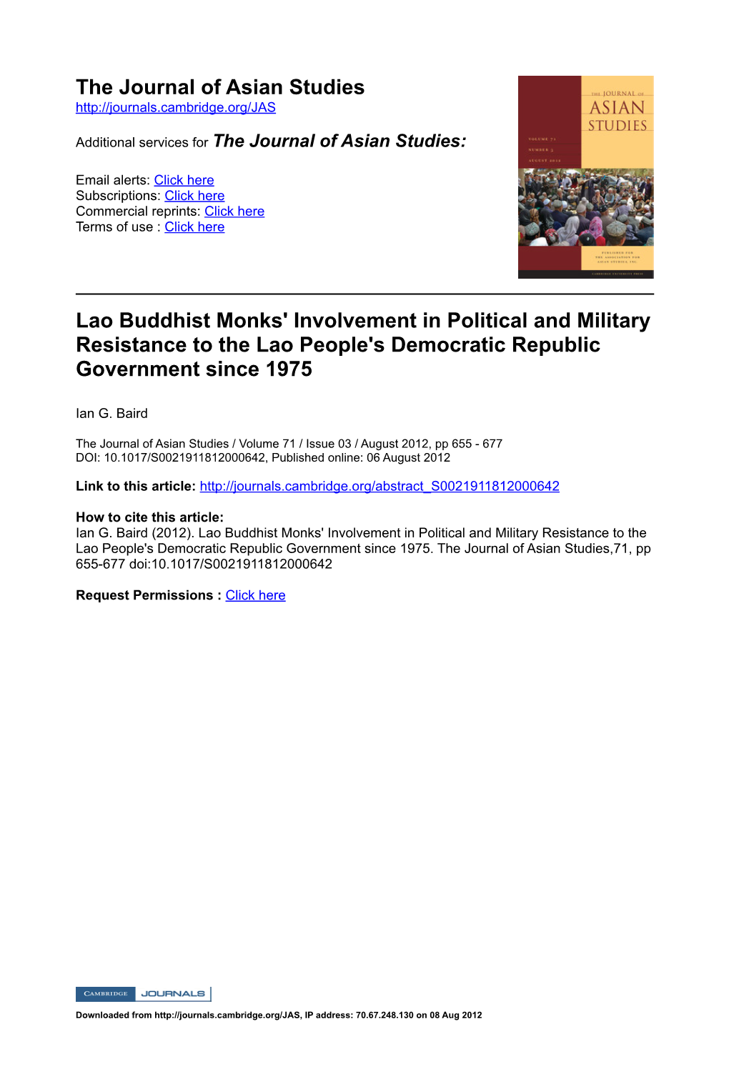 The Journal of Asian Studies Lao Buddhist Monks' Involvement In