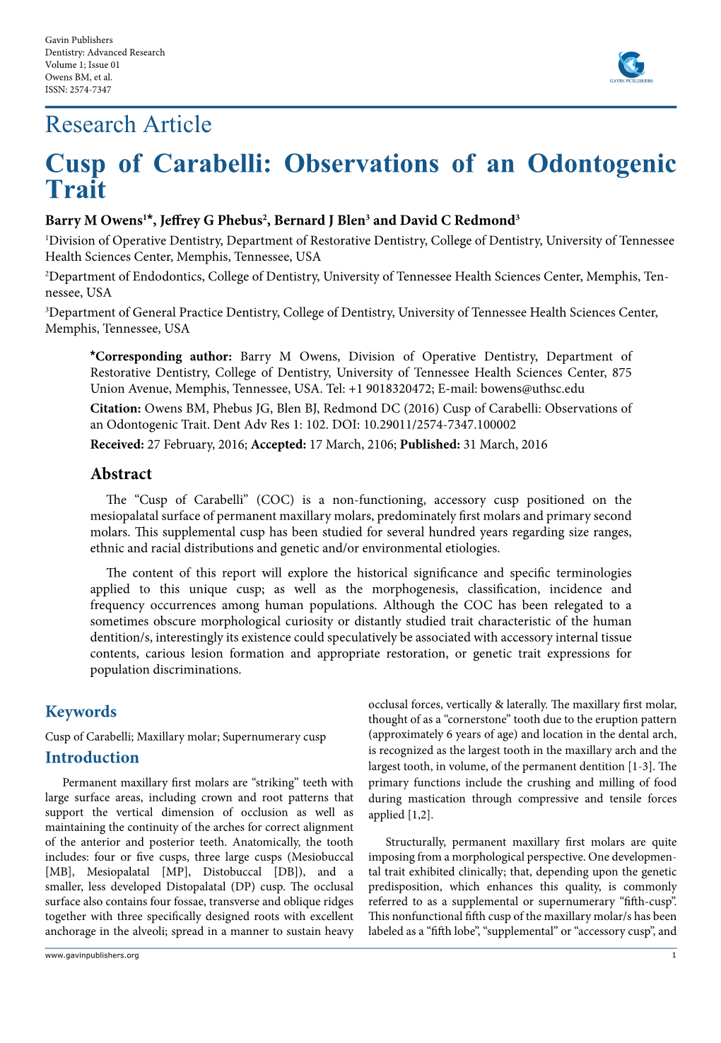 Cusp of Carabelli: Observations of an Odontogenic Trait