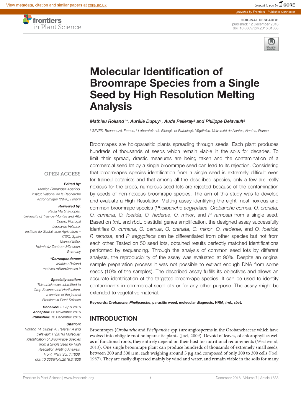 Molecular Identification of Broomrape Species from a Single Seed By