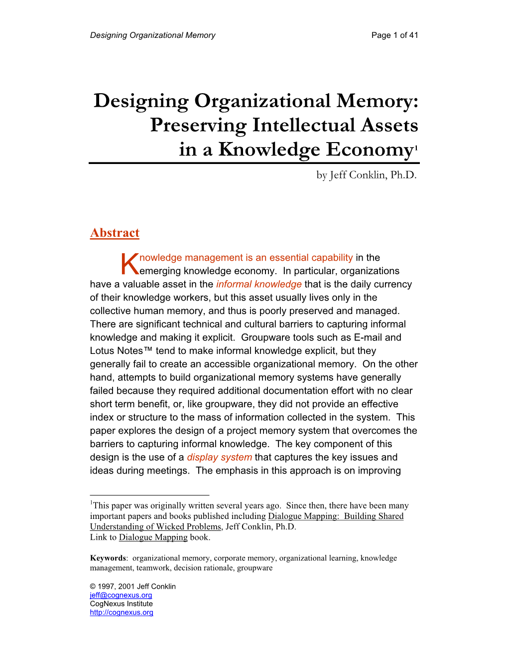 Designing Organizational Memory Page 1 of 41