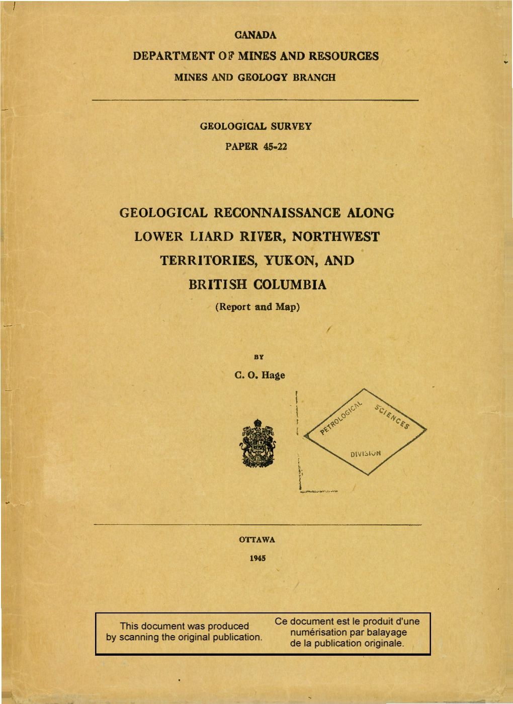 GEOLOGICAL RECONNAISSANCE ALONG LOWER LIARD RIVER, NORTHWEST TERRITORIES, YUKON, and BRITISH COLUMBIA (Report and Map)