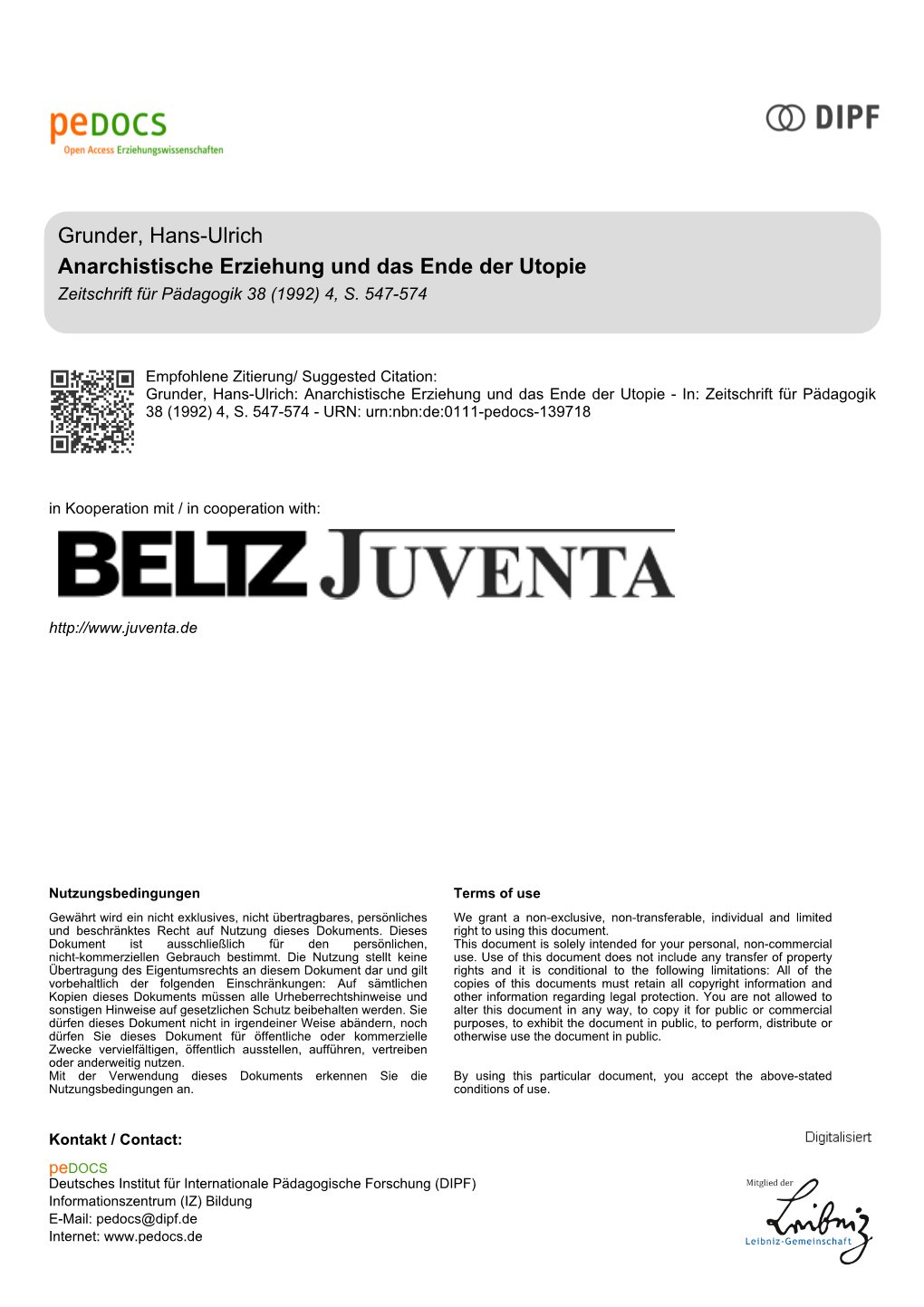 Anarchistische Erziehung Und Das Ende Der Utopie Zeitschrift Für Pädagogik 38 (1992) 4, S
