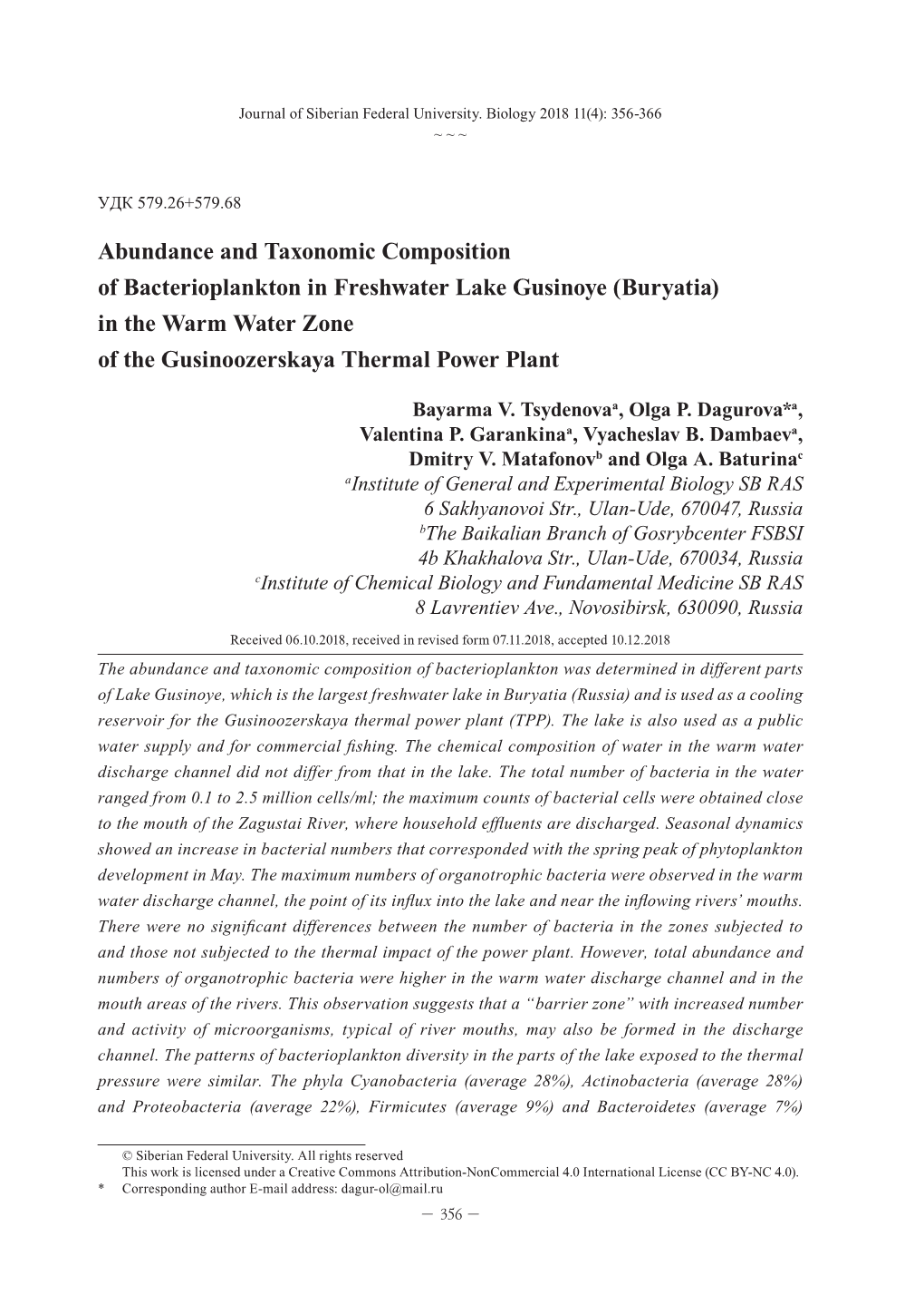 Abundance and Taxonomic Composition of Bacterioplankton in Freshwater Lake Gusinoye (Buryatia) in the Warm Water Zone of the Gusinoozerskaya Thermal Power Plant