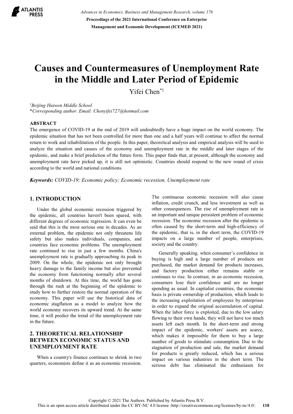 Causes and Countermeasures of Unemployment Rate in the Middle and Later Period of Epidemic Yifei Chen*1