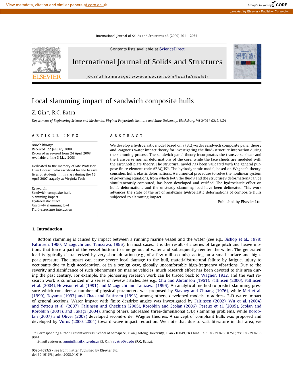 Local Slamming Impact of Sandwich Composite Hulls