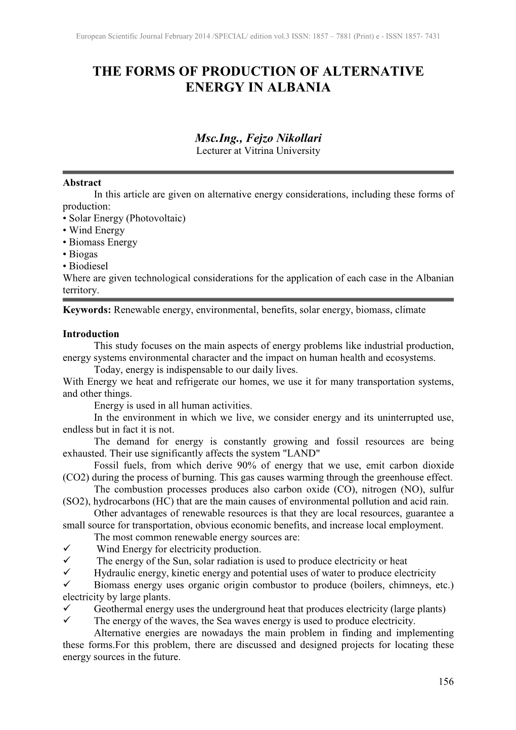 The Forms of Production of Alternative Energy in Albania