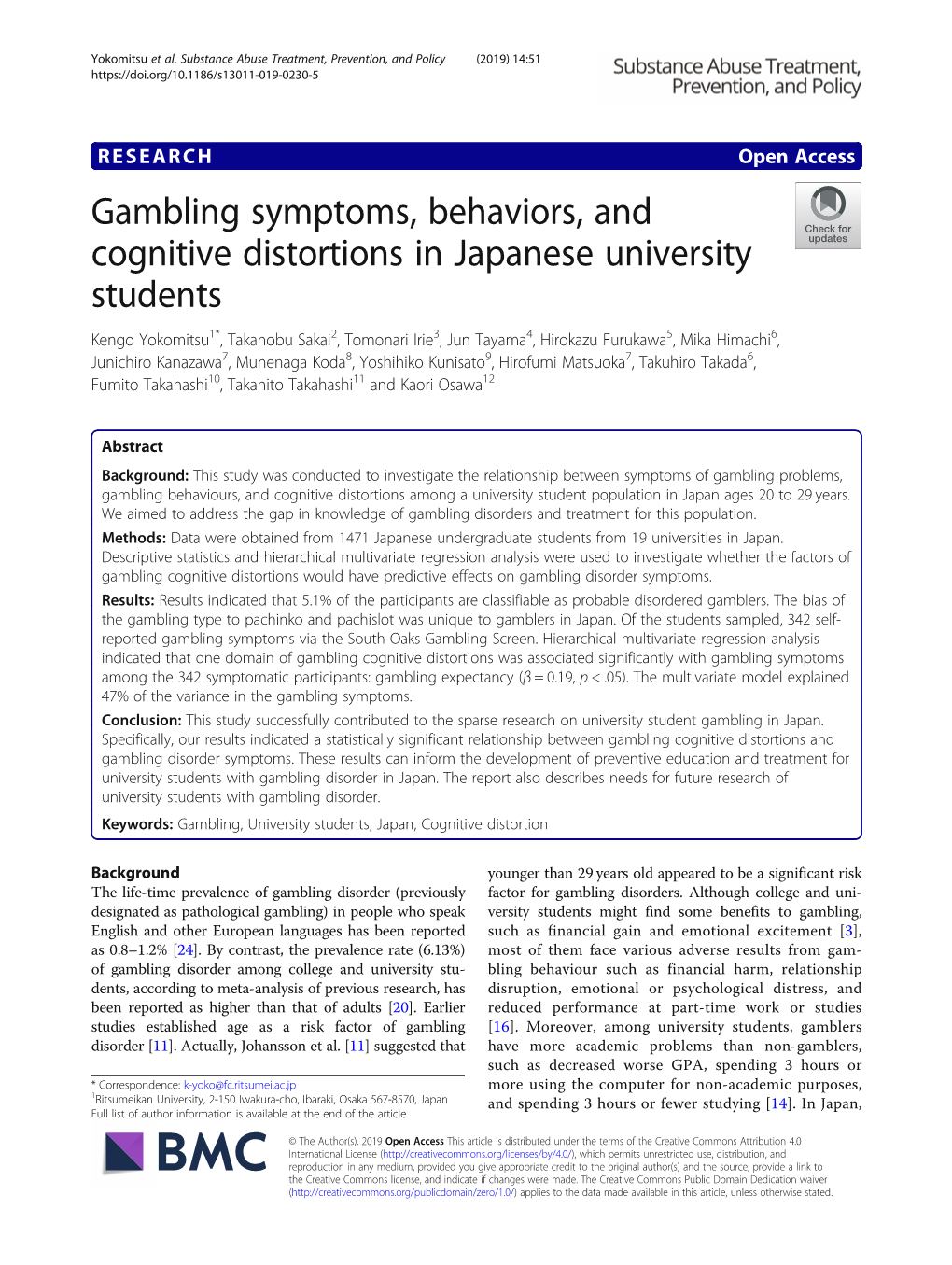 Gambling Symptoms, Behaviors, and Cognitive Distortions in Japanese