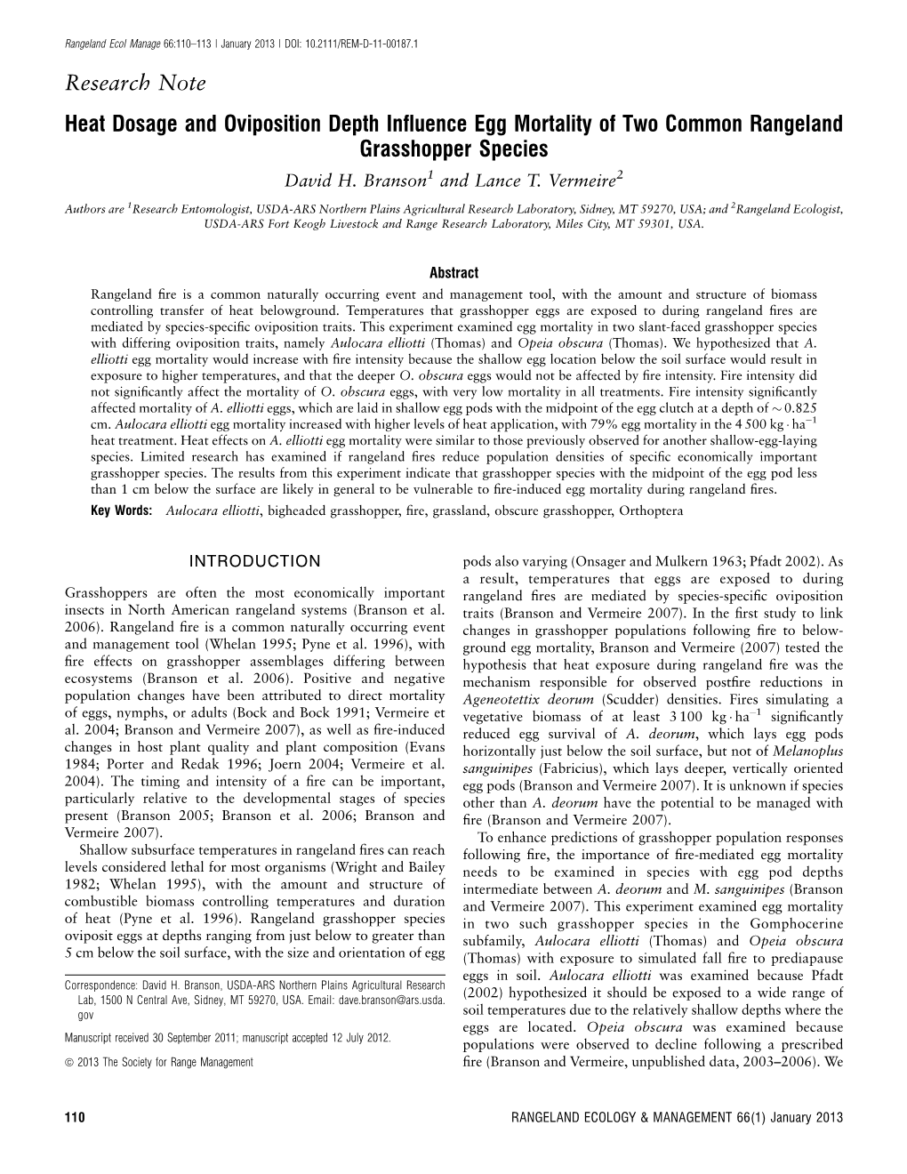 Heat Dosage and Oviposition Depth Influence Egg Mortality of Two Common Rangeland Grasshopper Species David H