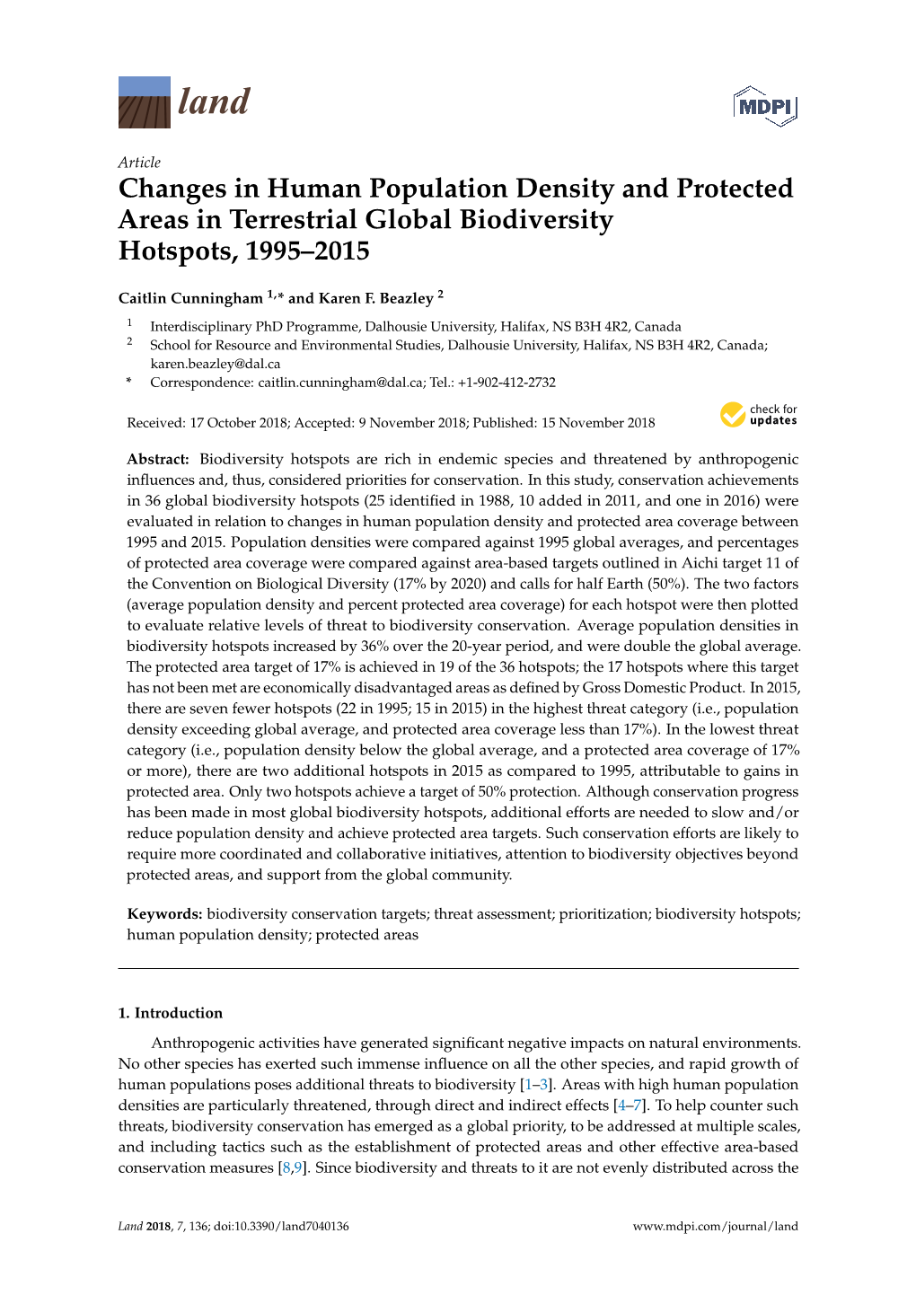 Changes in Human Population Density and Protected Areas in Terrestrial Global Biodiversity Hotspots, 1995–2015