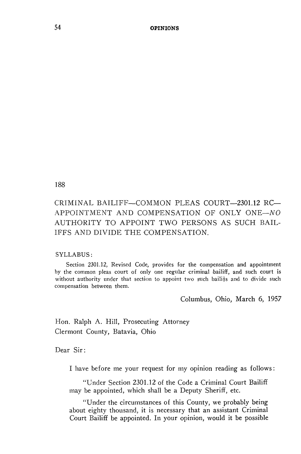 Criminal Bailiff-Common Pleas Court-2301.12 Rc Appointment and Compensation of Only One-No Authority to Appoint Two Persons As