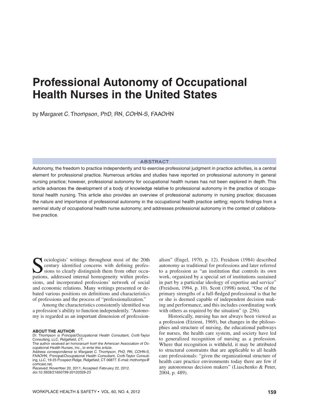 Professional Autonomy of Occupational Health Nurses in the United States
