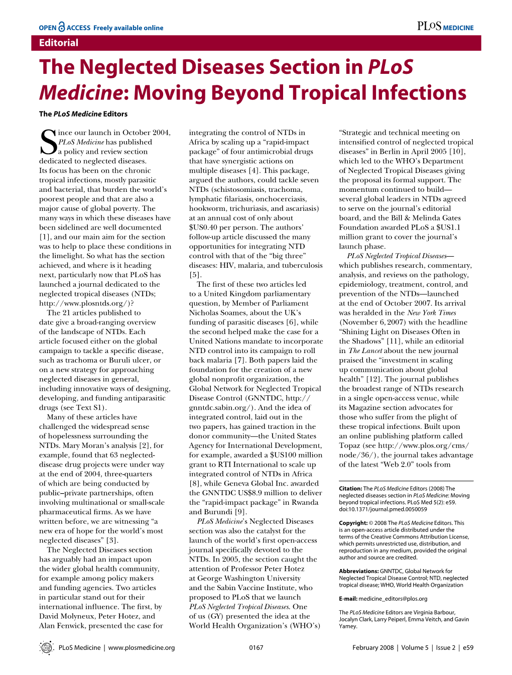 The Neglected Diseases Section in Plos Medicine: Moving Beyond Tropical Infections the Plos Medicine Editors
