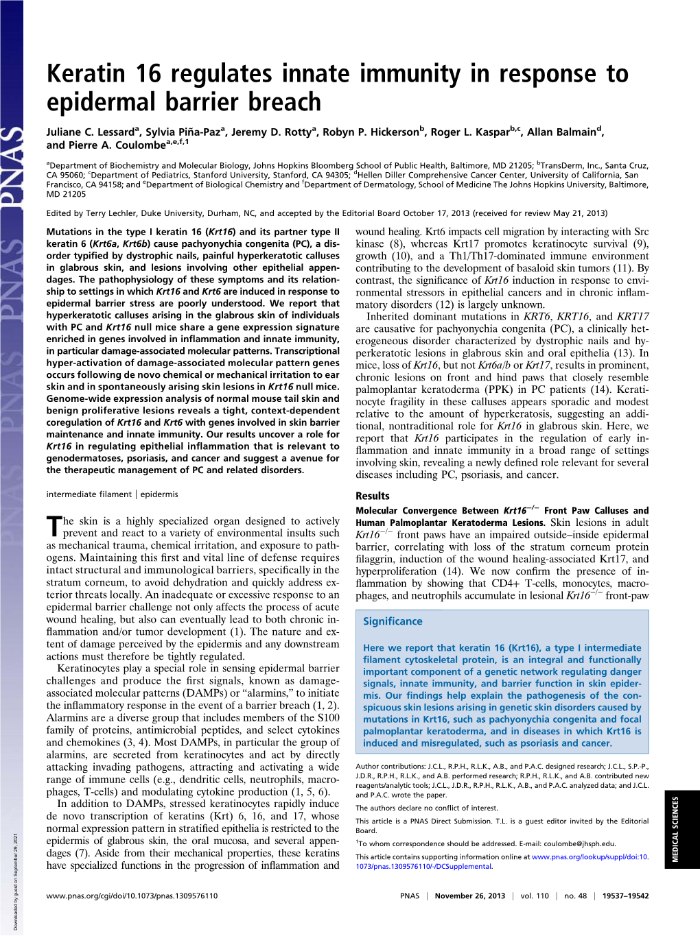 Keratin 16 Regulates Innate Immunity in Response to Epidermal Barrier Breach