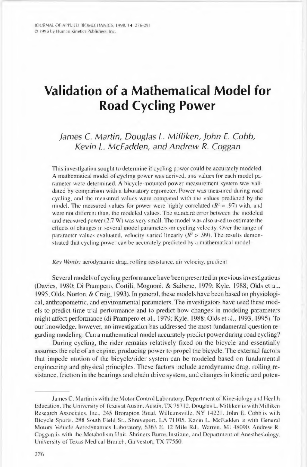Validation of a Mathematical Model for Road Cycling Power