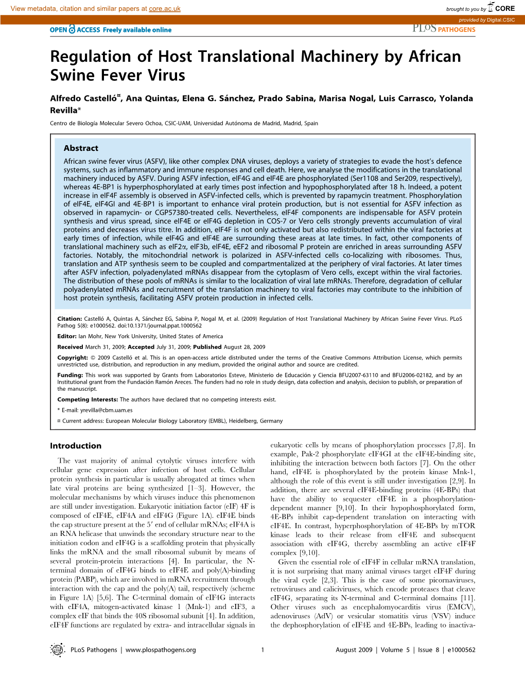 Regulation of Host Translational Machinery by African Swine Fever Virus