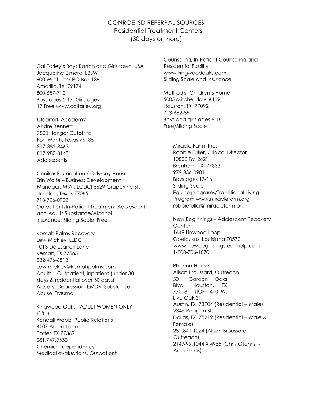 CONROE ISD REFERRAL SOURCES Residential Treatment Centers (30 Days Or More)